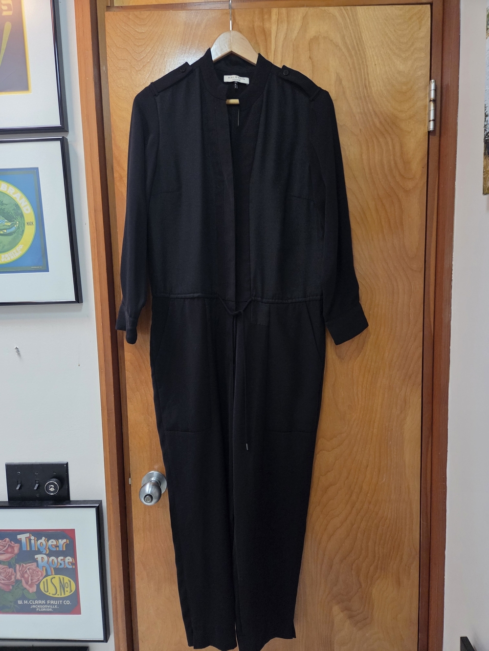 Halston Heritage Black Long-Sleeve Utility Jumpsuit with Drawstring Waist